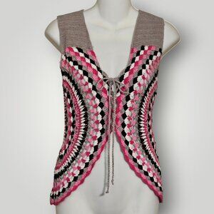 VTG Papaya Juniors M Multicolor Crochet Lace-Up Vest Pink Black Gray White BOHO